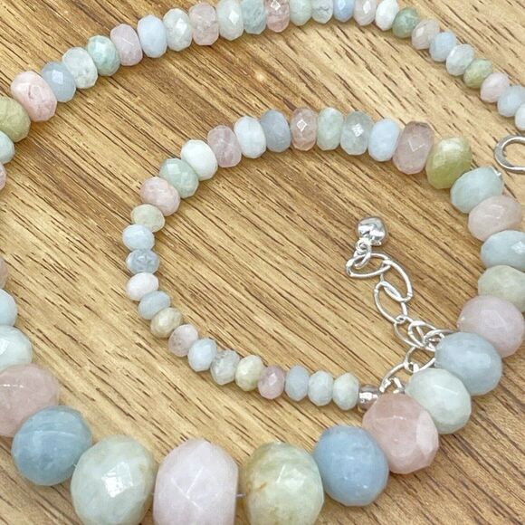 Jay King Aquamarine & Morganite Bead Necklace Pastel Graduated Facetted Rondelle - Picture 8 of 16